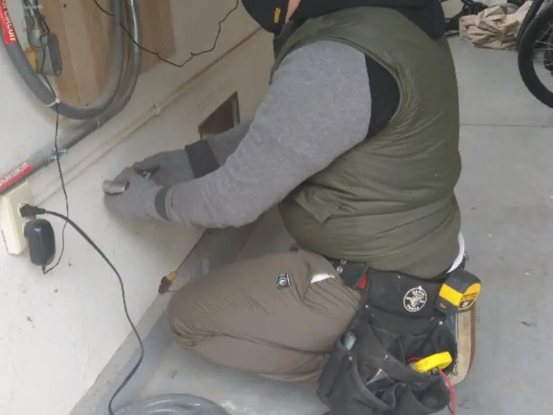 Electrician performing outlet wiring in a Deephaven garage